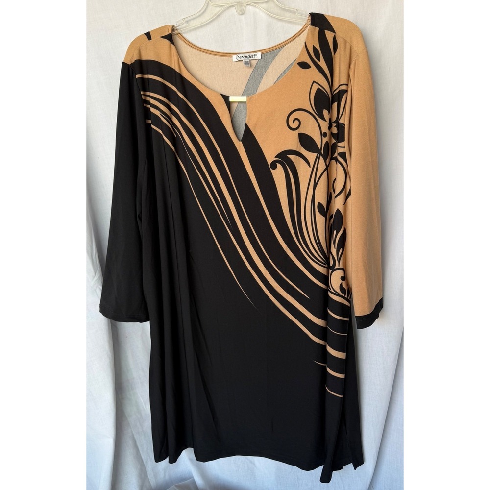 Serengeti Tunic Top Earthy Modern Black Tan Floral Keyhole 3/4 Sleeve Plus 3X